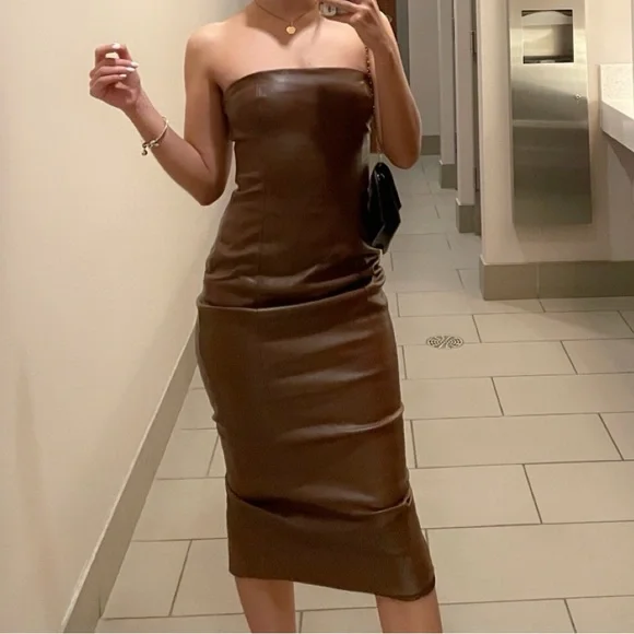 Meshki Brown leather Strapless Dress - Picture 1 of 2